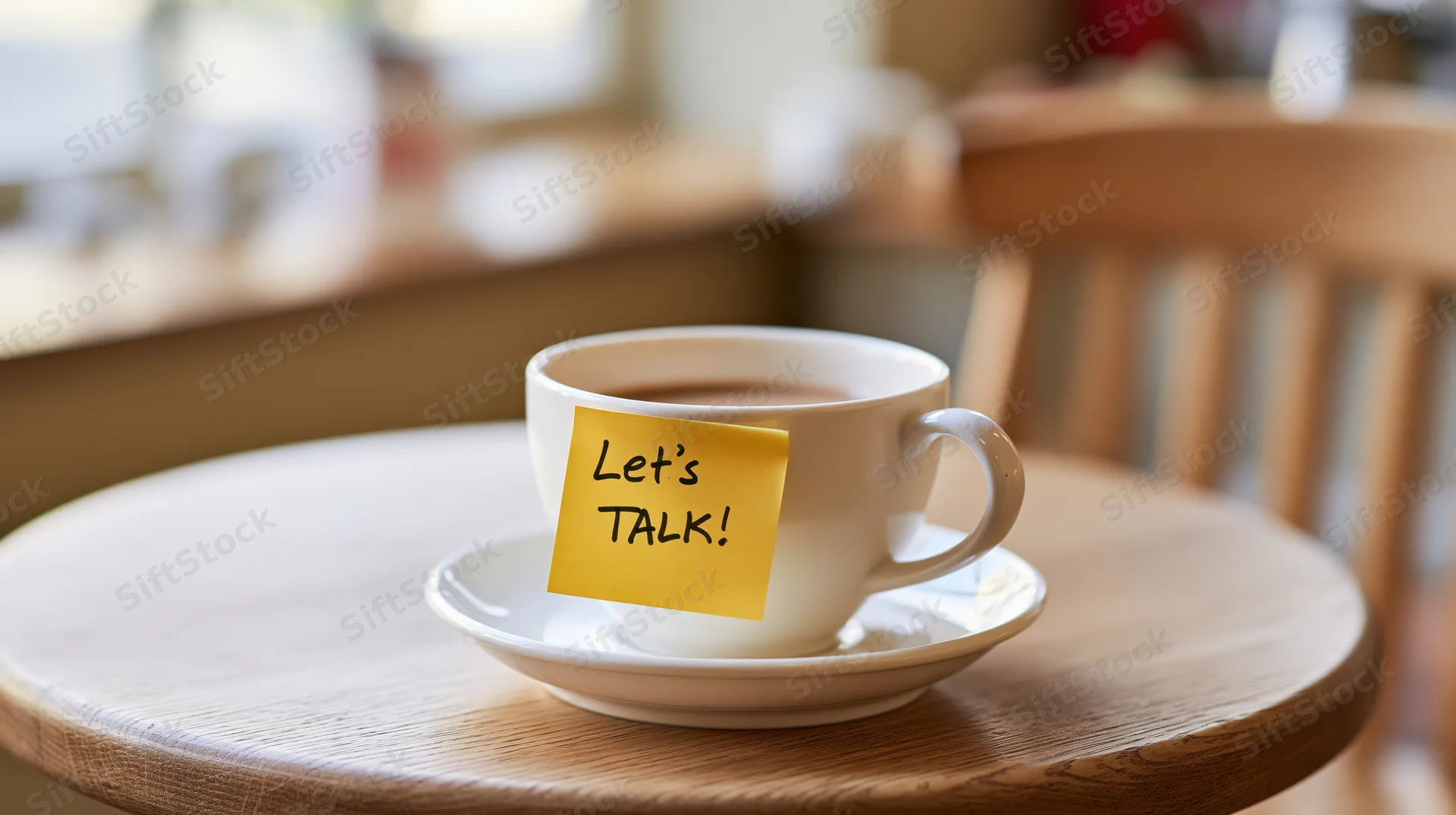 White ceramic coffee cup with yellow sticky note reading lets talk on round wooden table in cafe interior