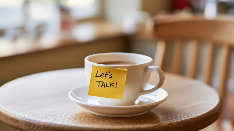 White ceramic coffee cup with yellow sticky note reading lets talk on round wooden table in cafe interior