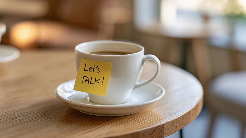White ceramic coffee cup with sticky note reading lets talk on wooden table in cafe