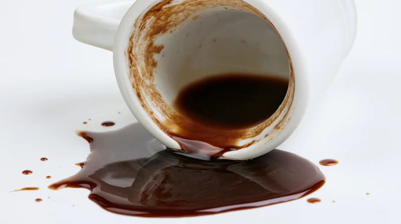 White ceramic coffee cup tipped on its side with dark coffee spilled onto a white surface