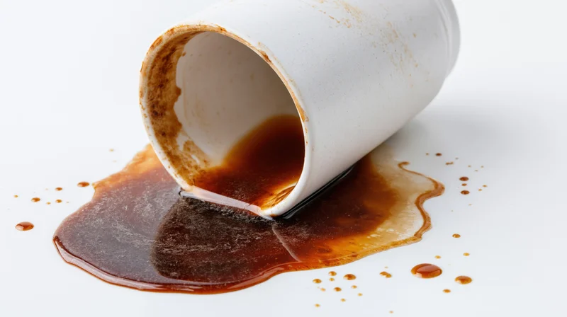 White ceramic coffee cup tipped over with dark coffee spilled onto a white surface