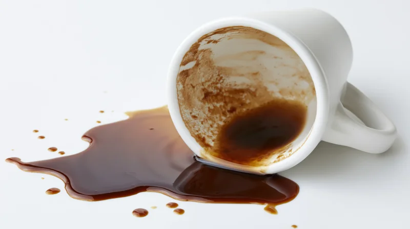 White ceramic coffee cup tipped over with dark coffee spilled on a plain white surface