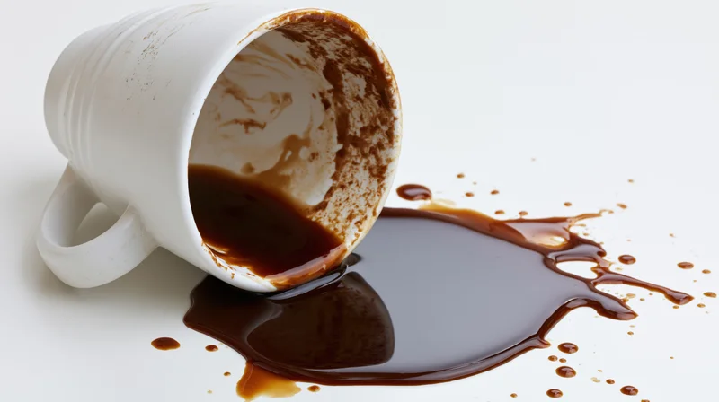 White ceramic coffee cup tipped over with dark coffee spilled on a clean white surface