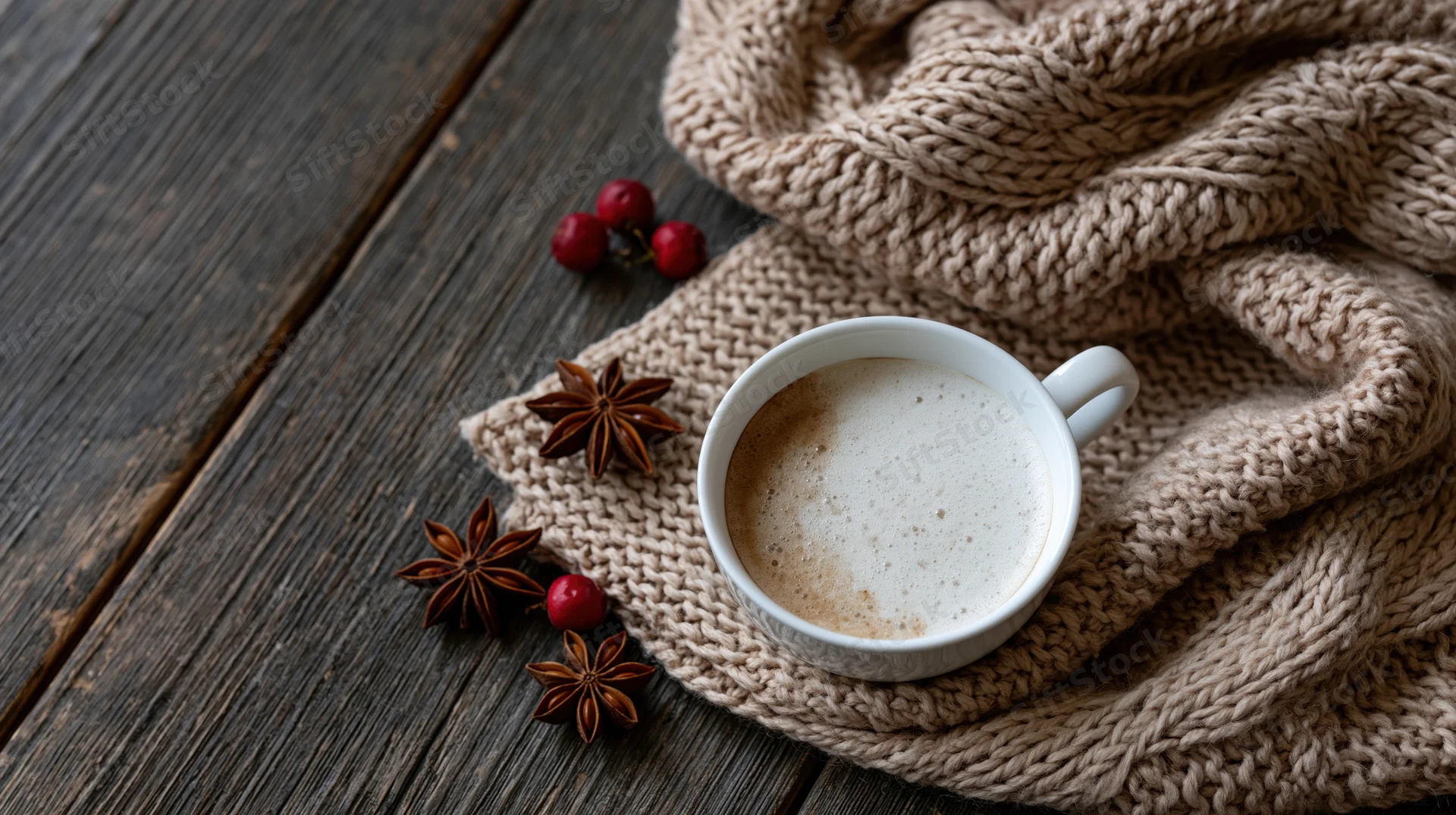 White ceramic cup of frothy cappuccino on a knitted scarf with star anise and red berries on a wooden table