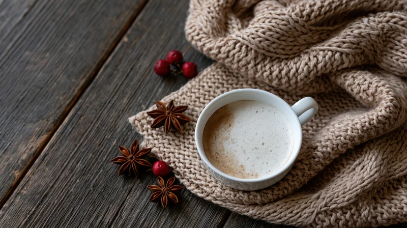 White ceramic cup of frothy cappuccino on a knitted scarf with star anise and red berries on a wooden table
