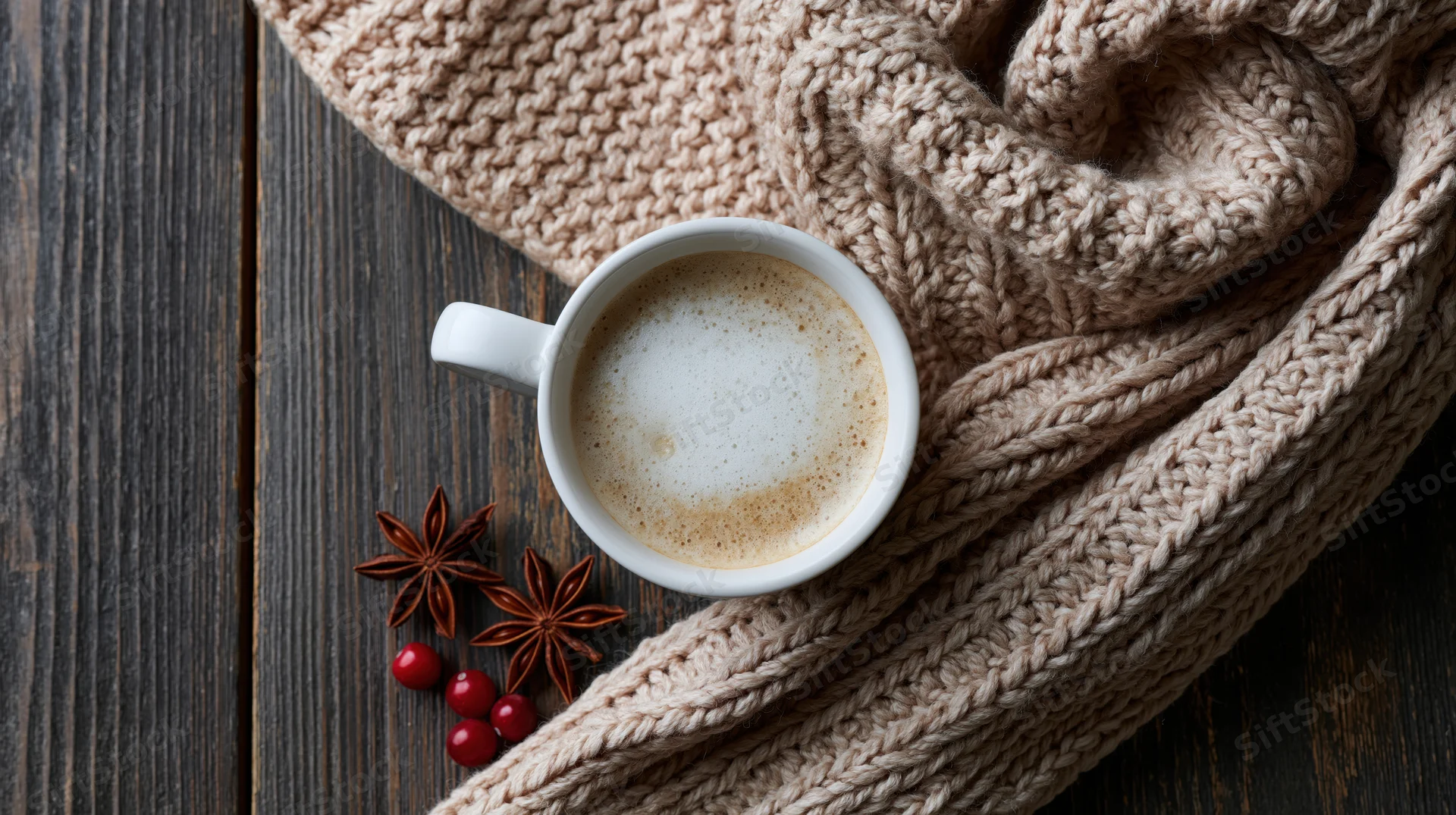 White ceramic cup of frothy cappuccino on dark wooden table with beige knitted scarf and spices