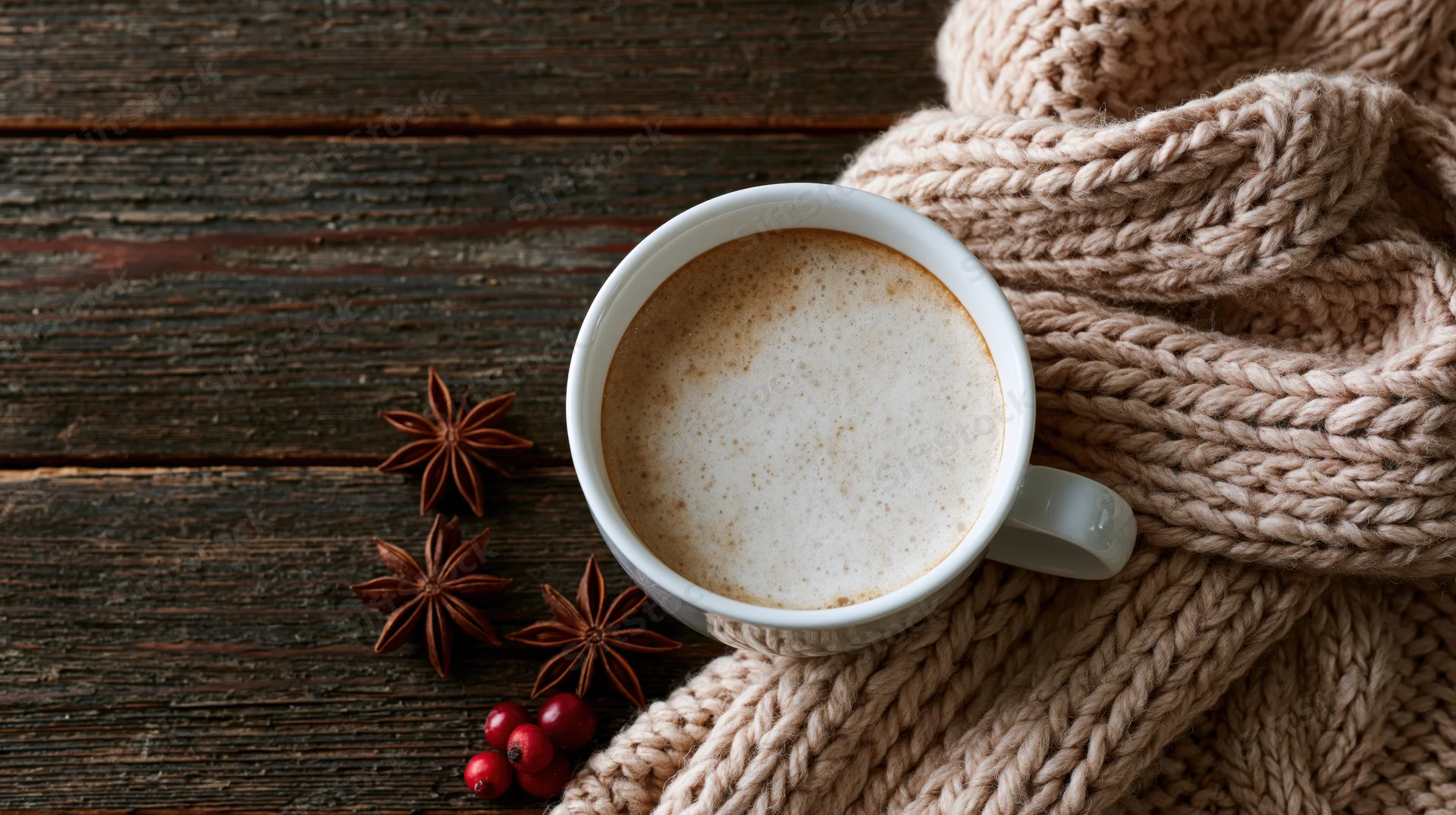 White ceramic mug of frothy cappuccino on wooden table beside beige knit scarf and star anise spices