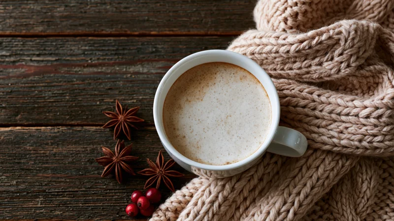 White ceramic mug of frothy cappuccino on wooden table beside beige knit scarf and star anise spices