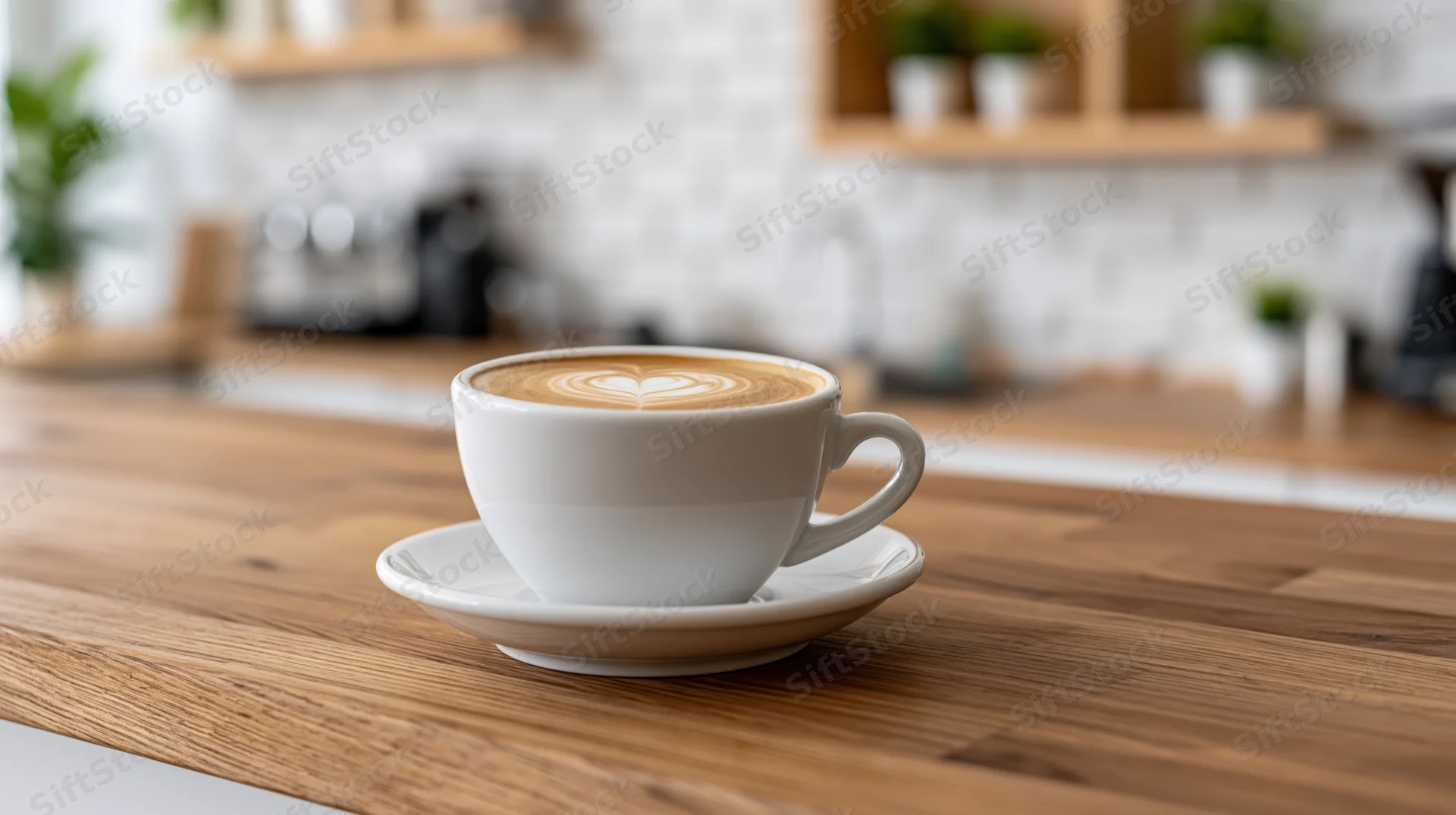 White ceramic coffee cup with heart latte art on wooden countertop in cafe interior