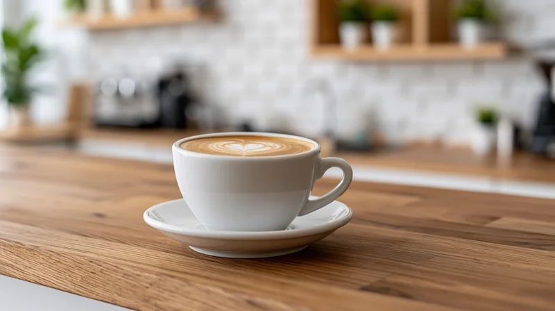 White ceramic coffee cup with heart latte art on wooden countertop in cafe interior