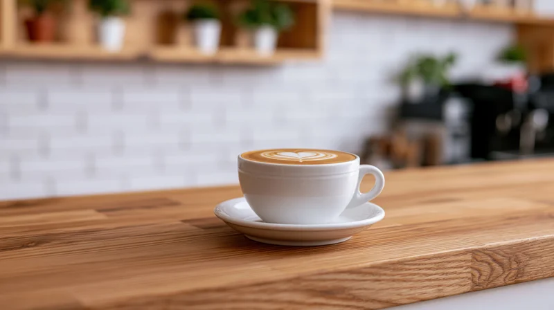 White ceramic coffee cup with latte art heart on wooden countertop in cafe interior