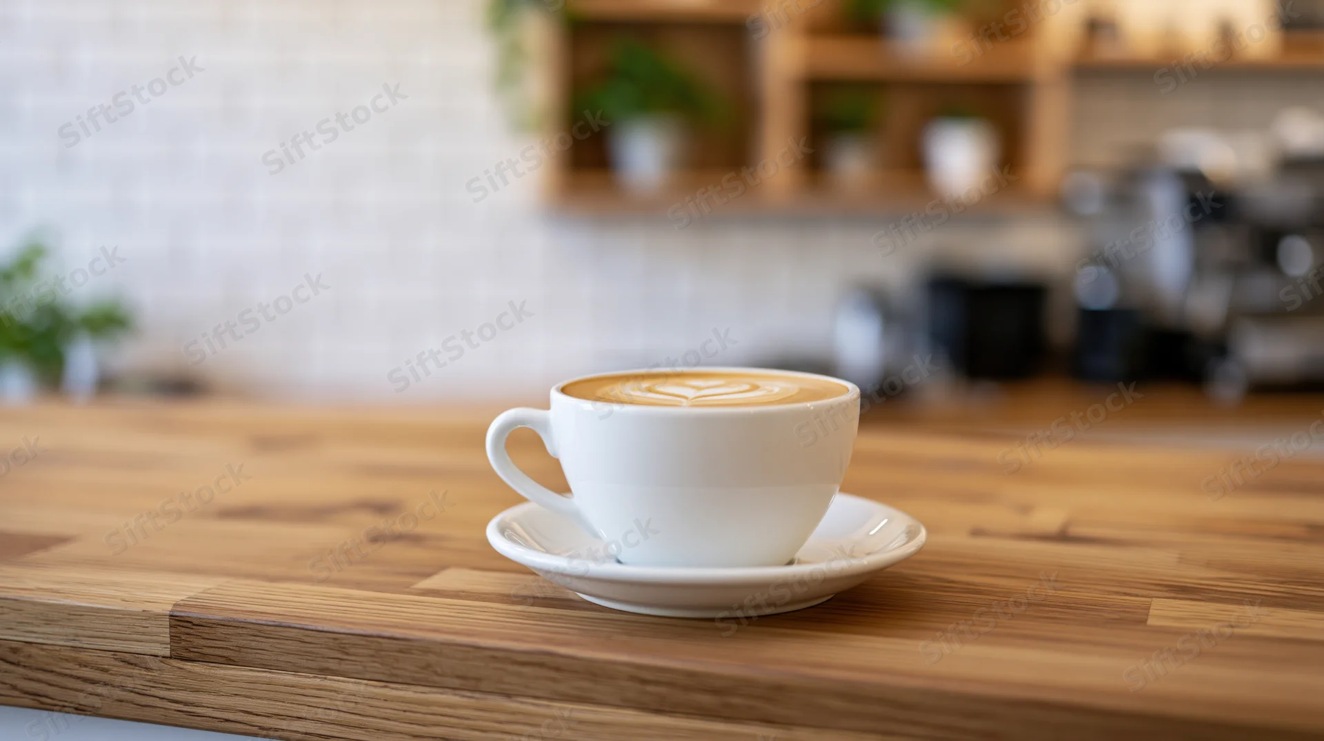 White ceramic coffee cup with latte art heart on wooden table in cafe interior