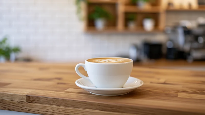 White ceramic coffee cup with latte art heart on wooden table in cafe interior