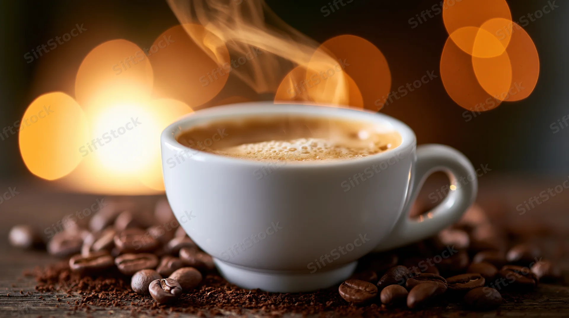 White ceramic espresso cup filled with steaming frothy coffee on wooden table surrounded by coffee beans and grounds