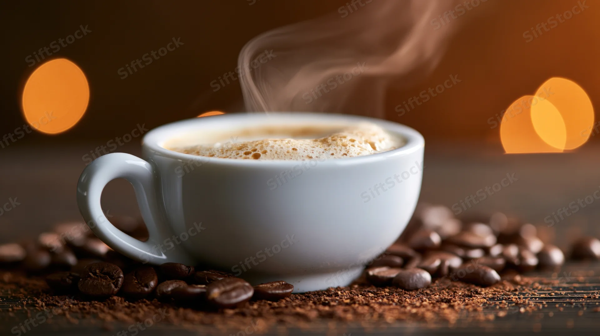Steaming espresso cup with froth and coffee beans on dark wooden table