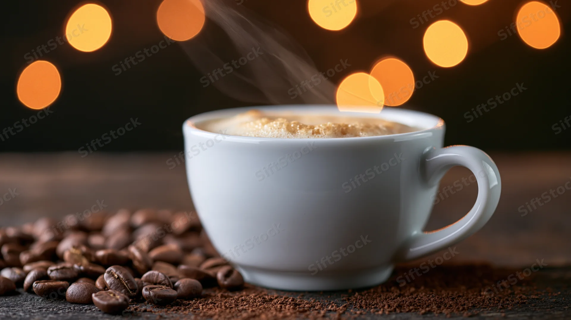 White ceramic espresso cup with steaming frothy coffee on wooden surface surrounded by coffee beans and grind with warm bokeh lights in background