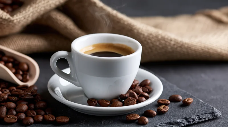 White ceramic espresso cup with steam and coffee beans on a slate surface