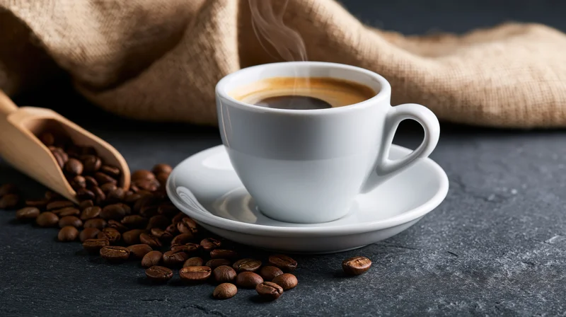 Steaming espresso in a white ceramic cup on a saucer with scattered coffee beans and a wooden scoop on a dark textured surface