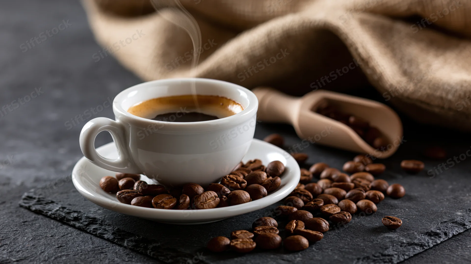 White ceramic espresso cup with steam and coffee beans on a dark slate surface