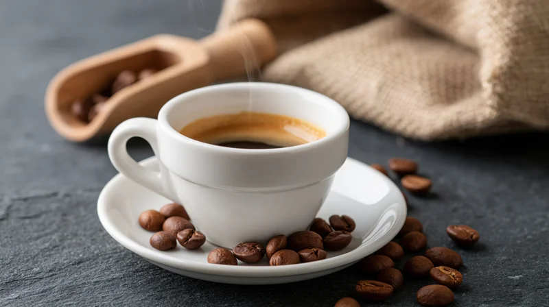 White ceramic espresso cup with steam and coffee beans on saucer on dark stone surface