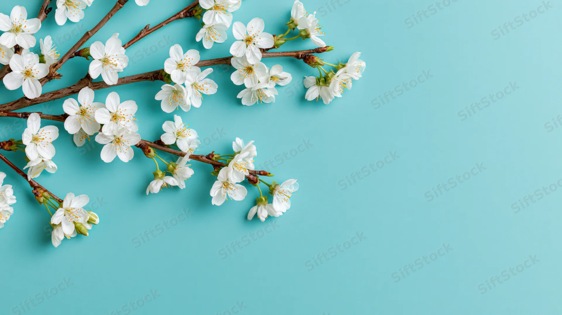 Cherry blossom branches with white flowers arranged on a turquoise background