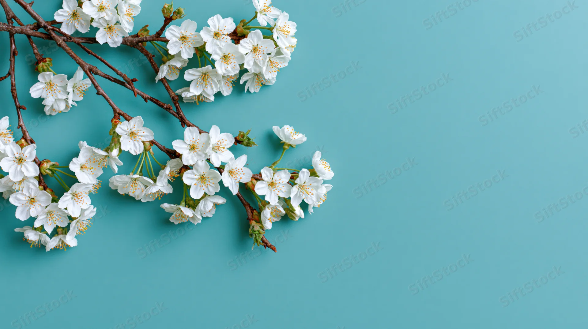 Cherry blossom branches with white flowers arranged on a turquoise background