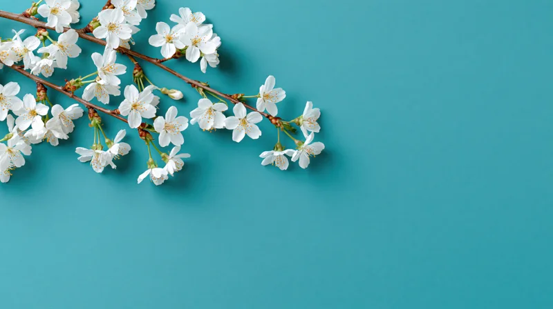 Cherry blossom branch with white flowers arranged diagonally on a blue background