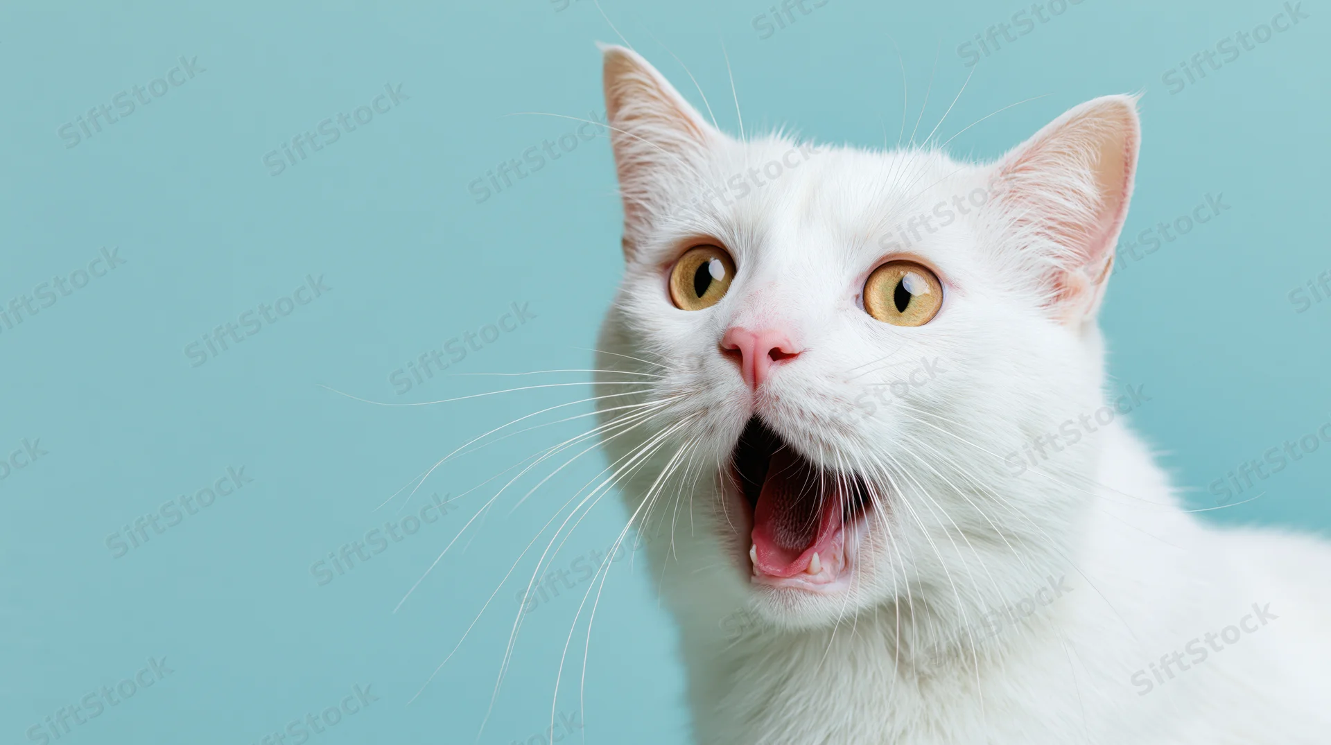 White domestic shorthair cat with mouth open in surprise against blue background