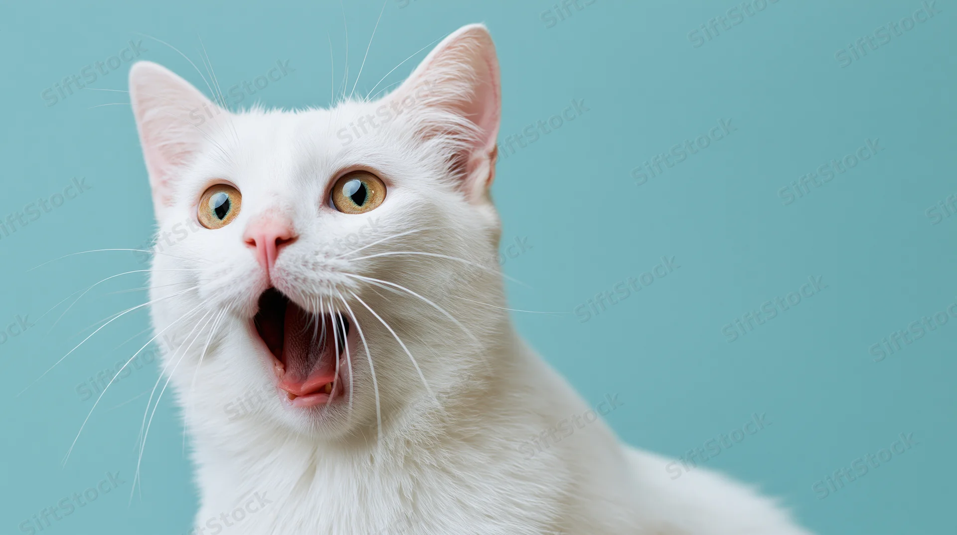 White domestic shorthair cat with mouth open in surprise against teal background