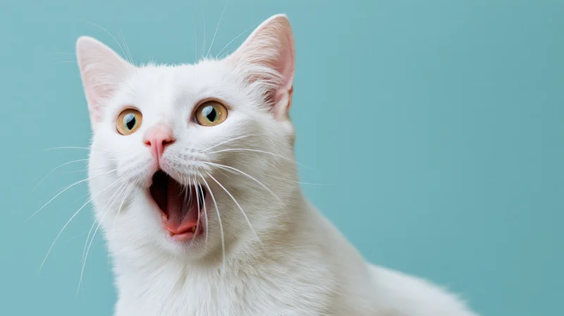 White domestic shorthair cat with mouth open in surprise against teal background