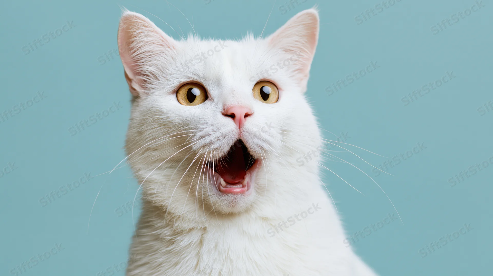 White domestic shorthair cat with mouth open in surprise against blue background