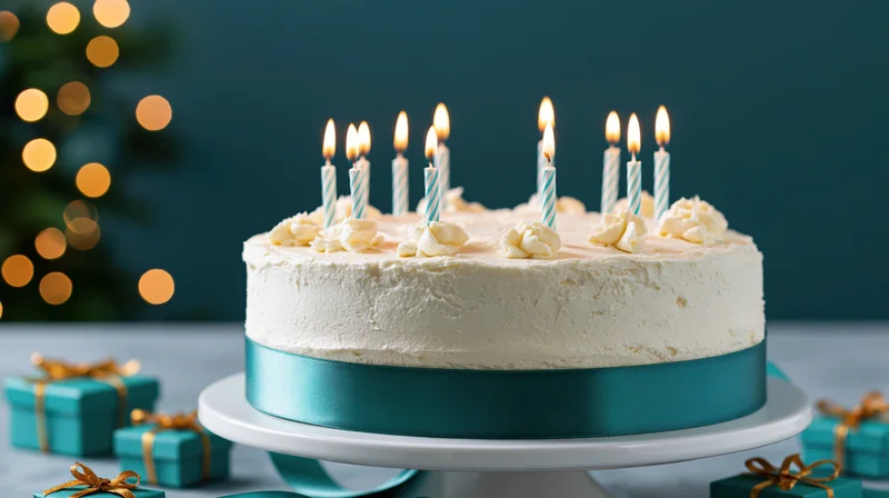 White frosted birthday cake with lit striped candles on a cake stand surrounded by gift boxes and bokeh lights in the background