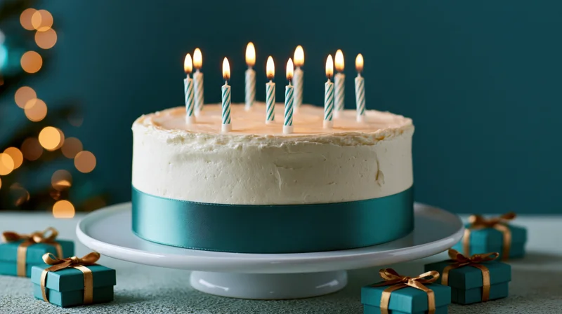 White frosted birthday cake with lit striped candles on a cake stand surrounded by small teal gift boxes and bokeh lights in the background