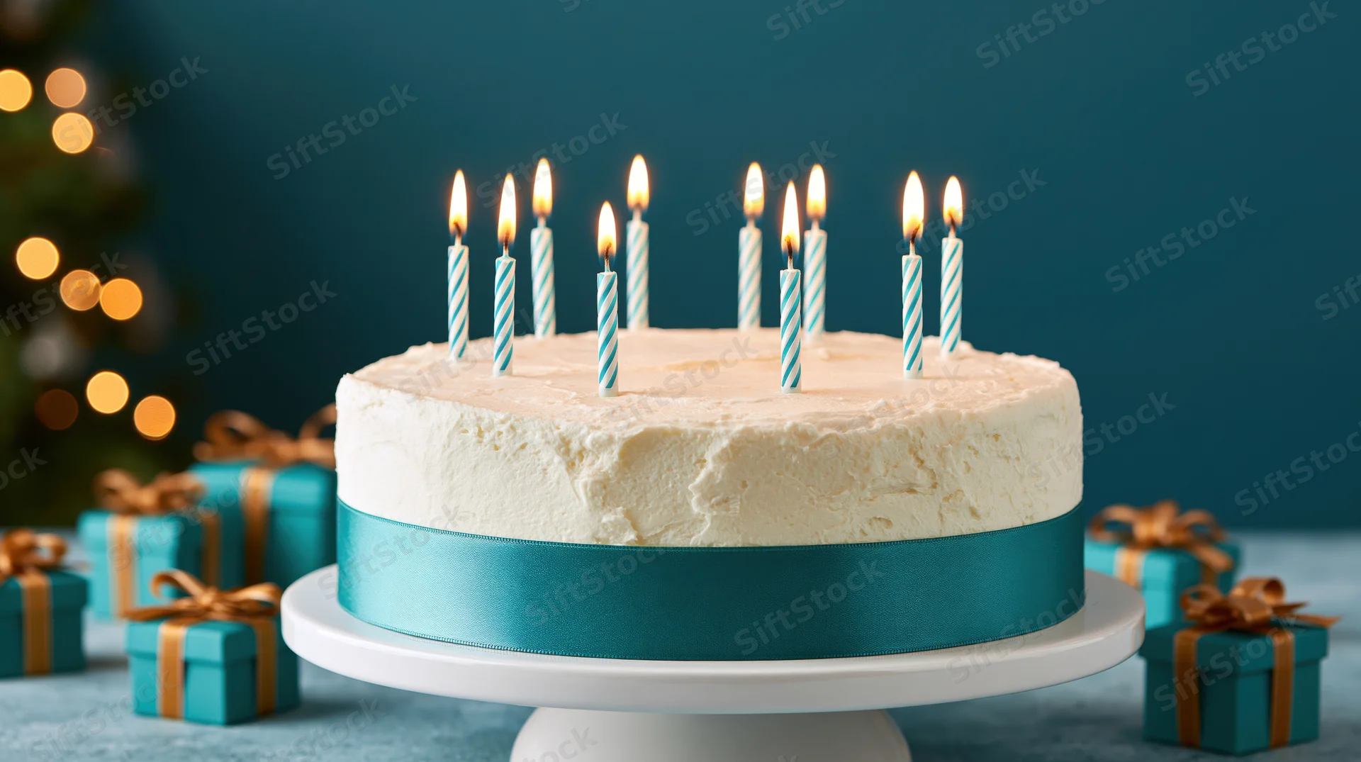 White frosted birthday cake with eight lit striped candles on a cake stand surrounded by teal gift boxes and blurred holiday lights