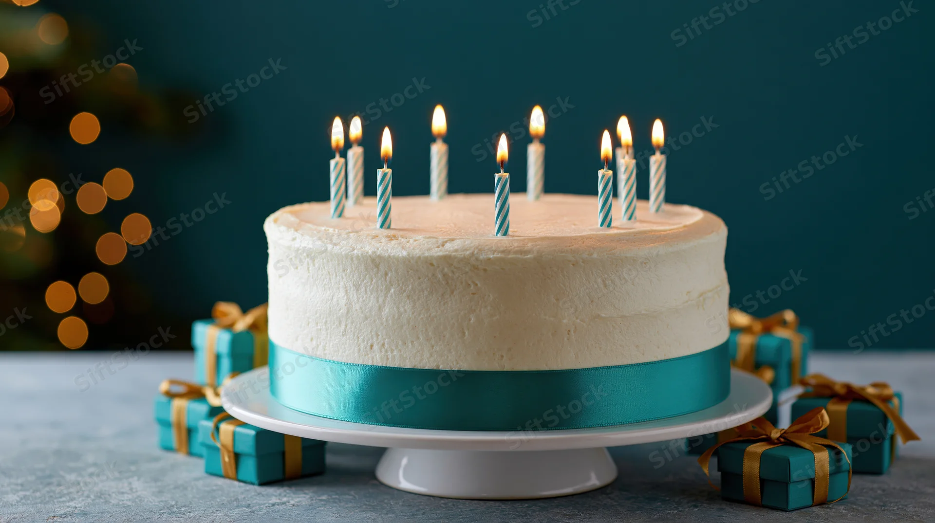 White frosted birthday cake with lit striped candles on a cake stand surrounded by teal gift boxes