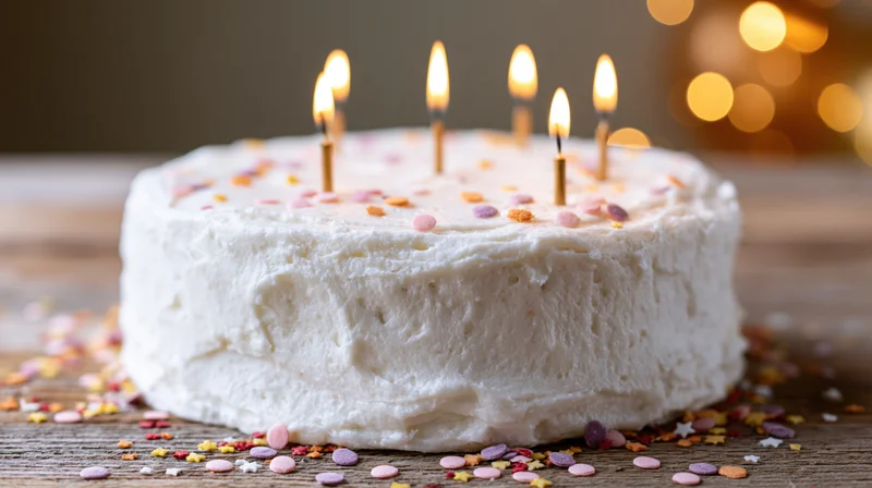 White frosted birthday cake with five lit candles on a wooden table surrounded by sprinkles