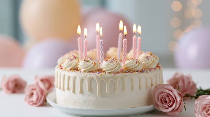 White frosted birthday cake with lit striped candles on a table surrounded by pink roses and balloons