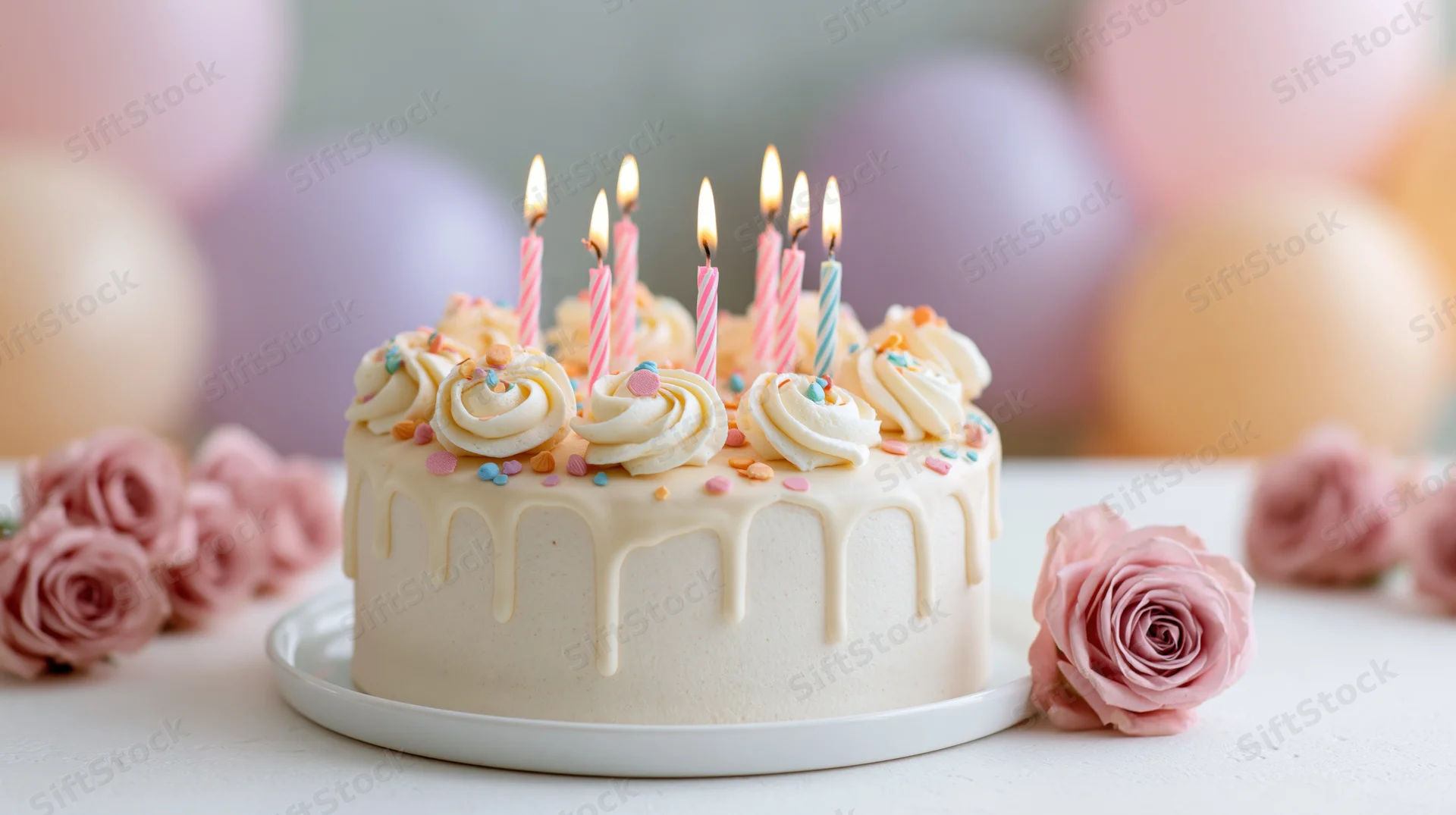 White frosted birthday cake with six lit striped candles on a plate surrounded by pink roses and balloons