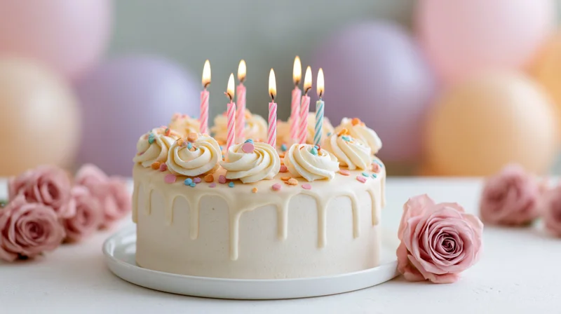 White frosted birthday cake with six lit striped candles on a plate surrounded by pink roses and balloons