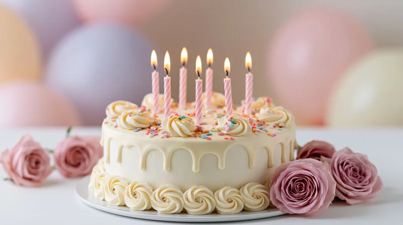 White frosted birthday cake with lit striped candles and pink roses on a table with balloons in the background