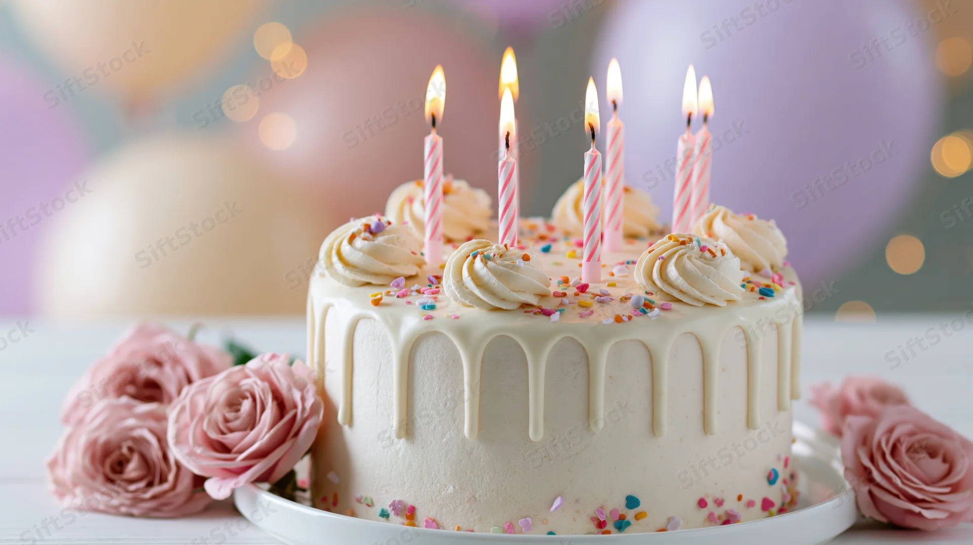 White frosted birthday cake with six lit striped candles on a table surrounded by pink roses and balloons