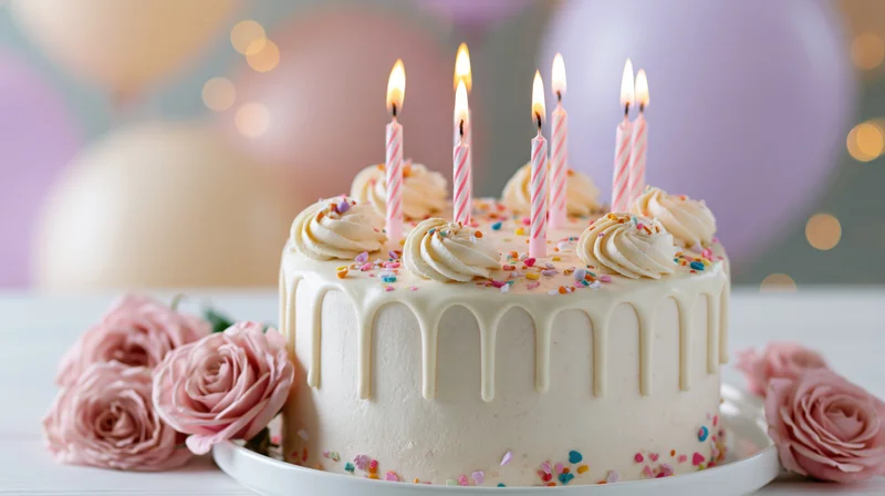 White frosted birthday cake with six lit striped candles on a table surrounded by pink roses and balloons
