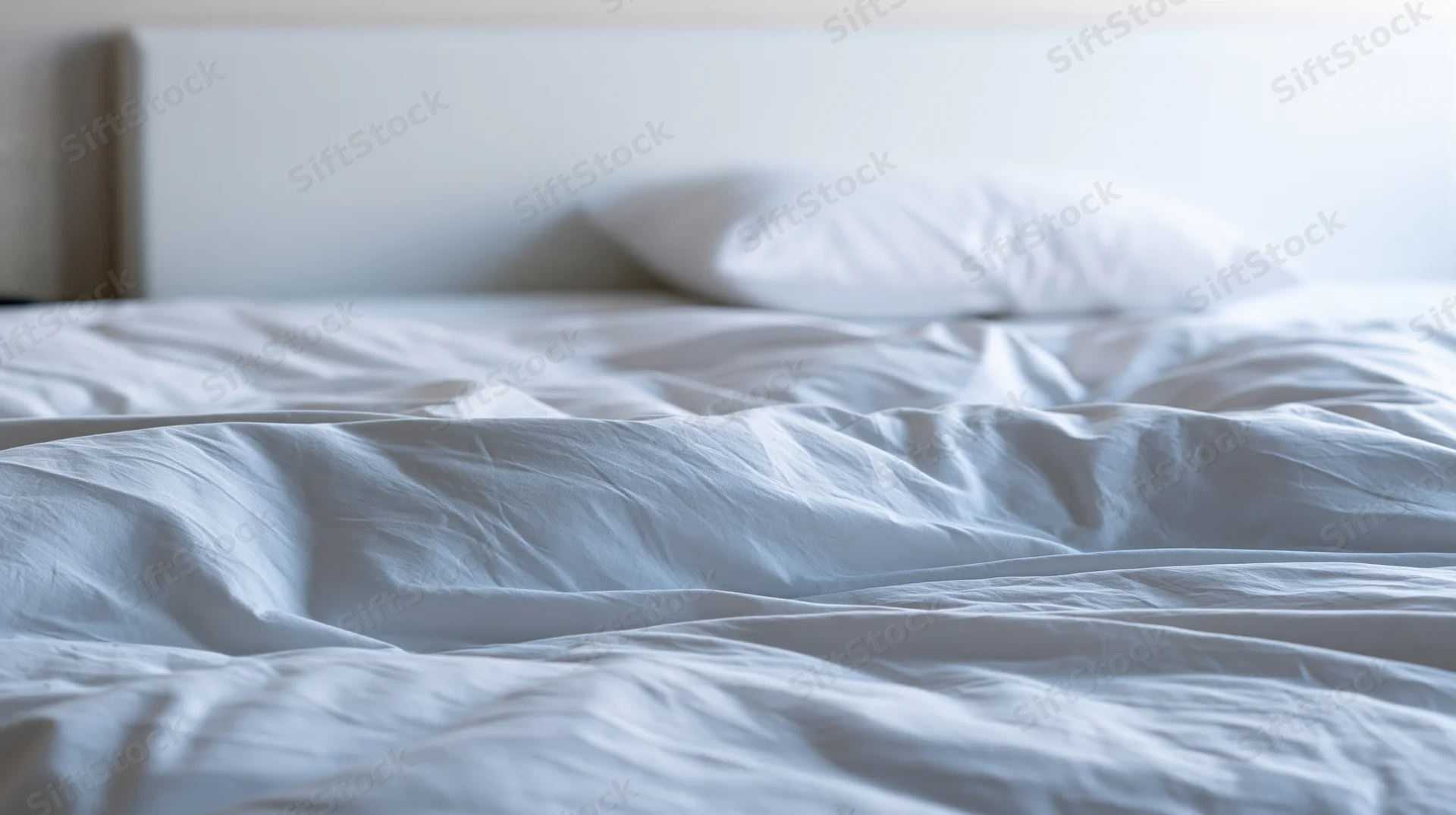 Rumpled white cotton duvet and single pillow on a hotel bed