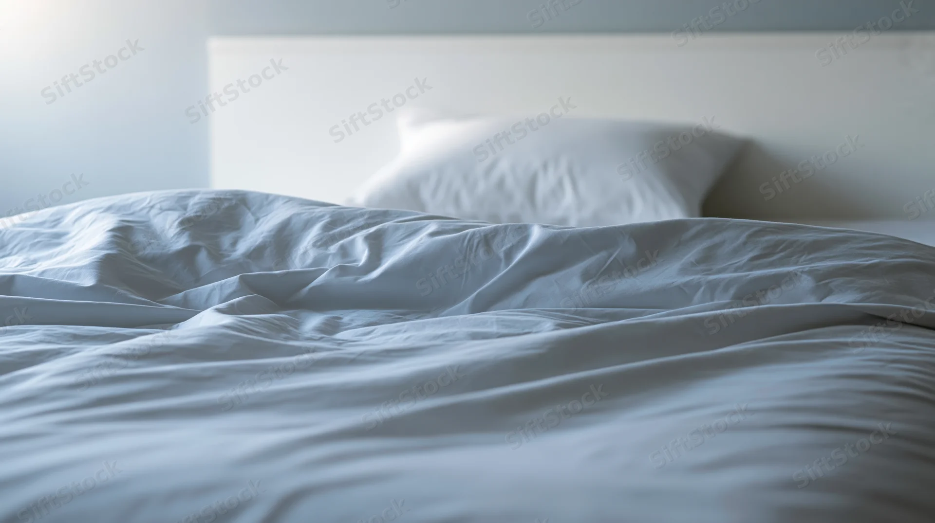Rumpled white cotton duvet and single pillow on a hotel bed in a bedroom