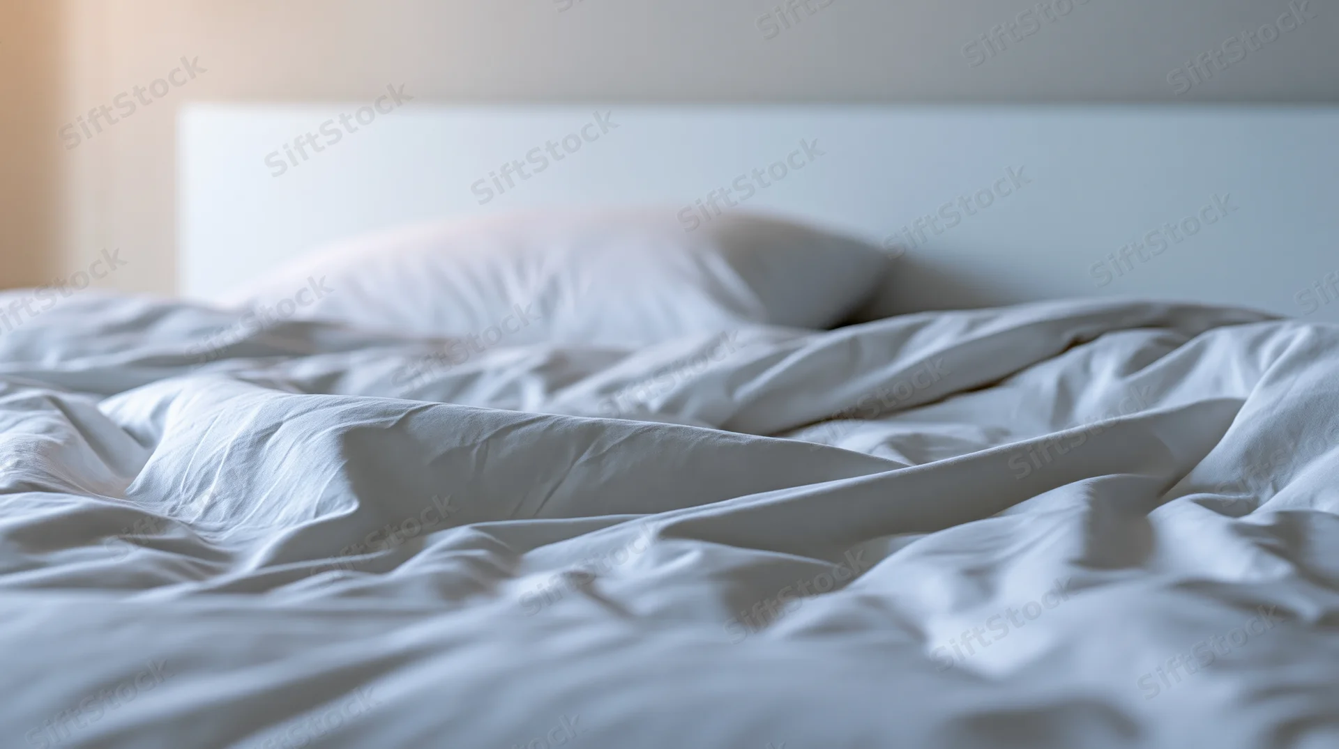 Rumpled white cotton duvet and single pillow on a hotel bed with headboard