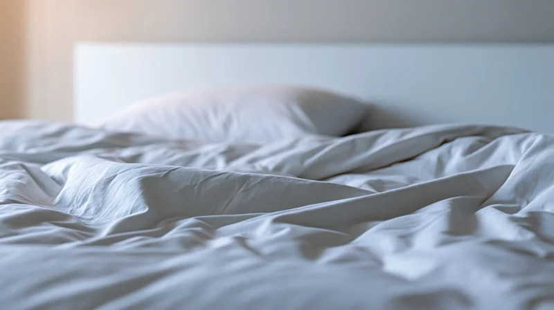 Rumpled white cotton duvet and single pillow on a hotel bed with headboard
