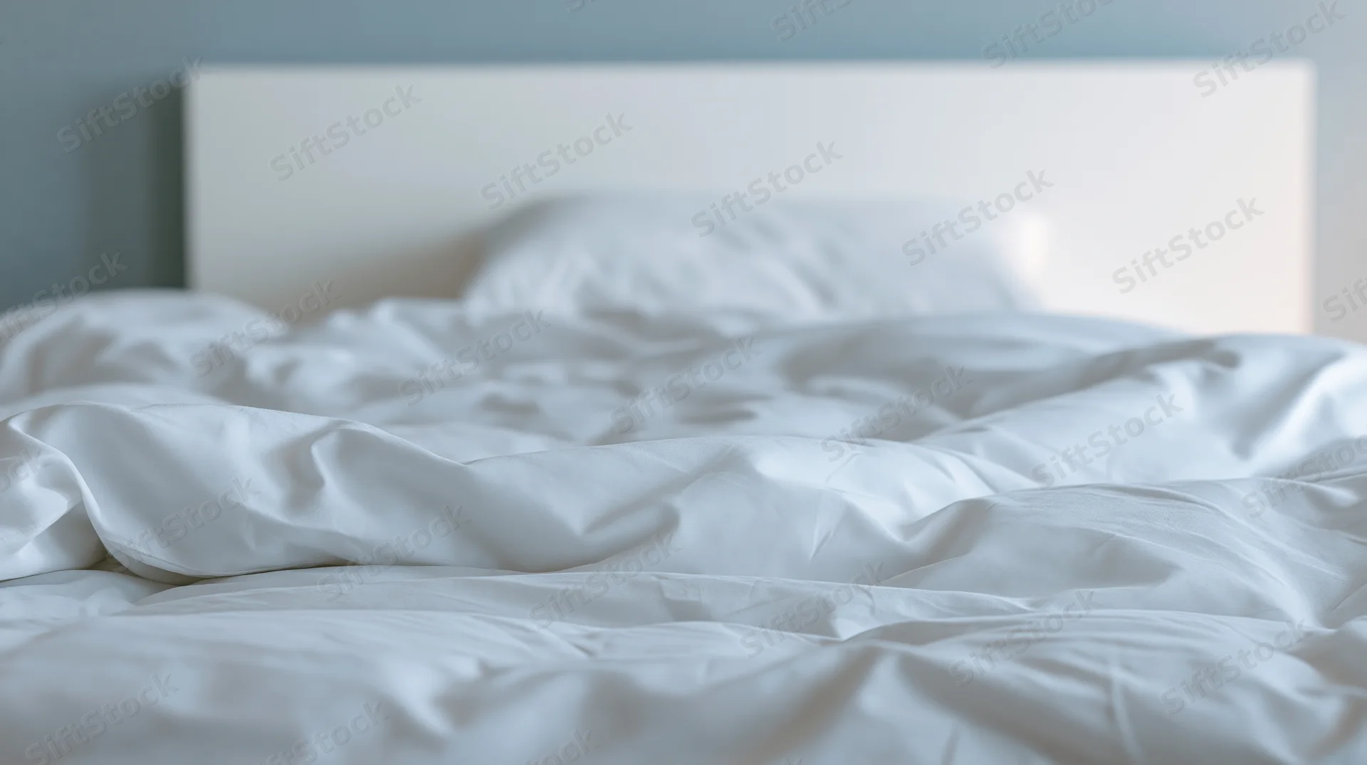 Rumpled white duvet and single pillow on a hotel bed with headboard