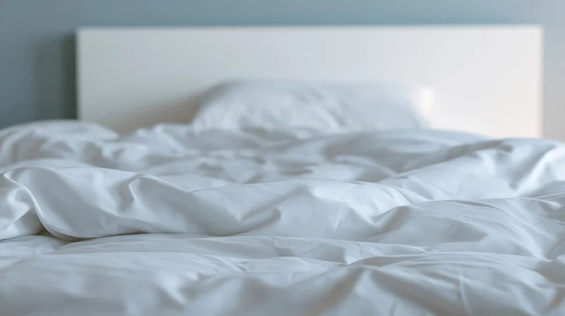 Rumpled white duvet and single pillow on a hotel bed with headboard