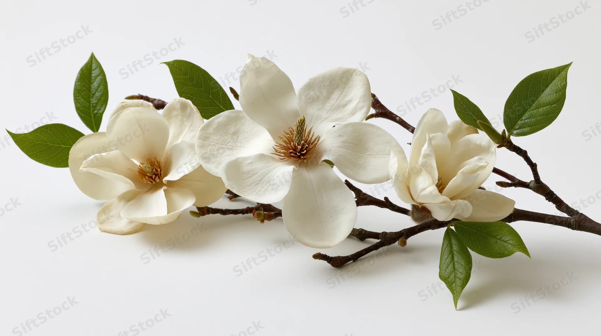 White magnolia branch with three open blooms and green leaves on white background