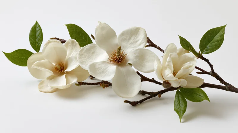 White magnolia branch with three open blooms and green leaves on white background